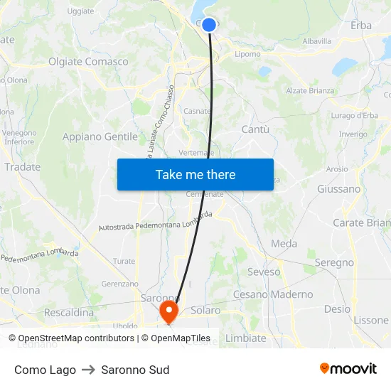 Como Lago to Saronno Sud map