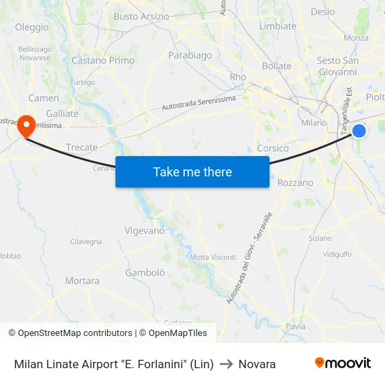 Milan Linate Airport "E. Forlanini" (Lin) to Novara map