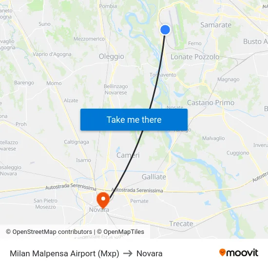 Milan Malpensa Airport (Mxp) to Novara map