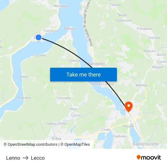 Lenno to Lecco map