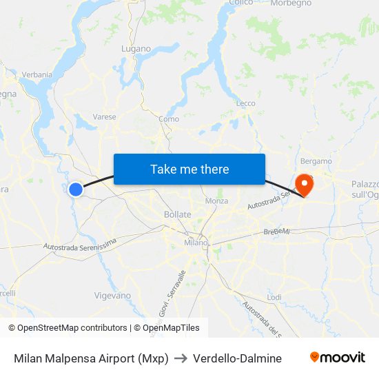 Milan Malpensa Airport (Mxp) to Verdello-Dalmine map