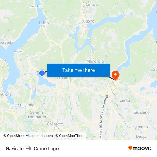 Gavirate to Como Lago map
