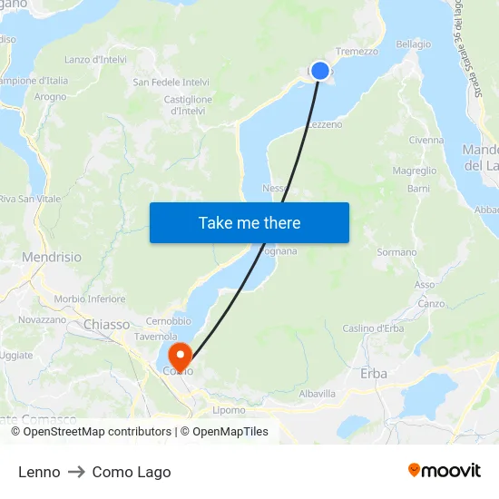 Lenno to Como Lago map