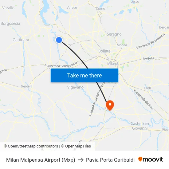 Milan Malpensa Airport (Mxp) to Pavia Garibaldi Gate map