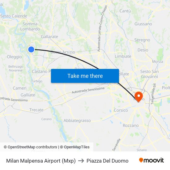 Milan Malpensa Airport (Mxp) to Piazza Del Duomo map