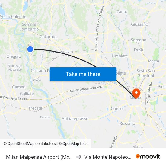 Milan Malpensa Airport (Mxp) to Via Monte Napoleone map