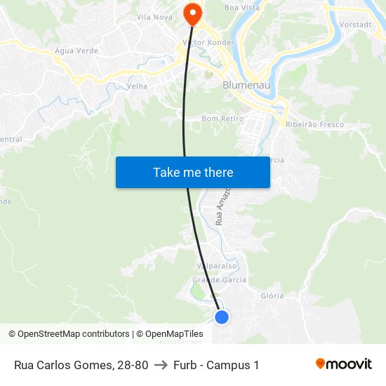 Rua Carlos Gomes, 28-80 to Furb - Campus 1 map