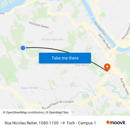 Rua Nicolau Reiter, 1080-1100 to Furb - Campus 1 map