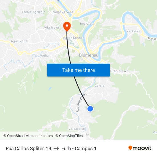 Rua Carlos Spliter, 19 to Furb - Campus 1 map