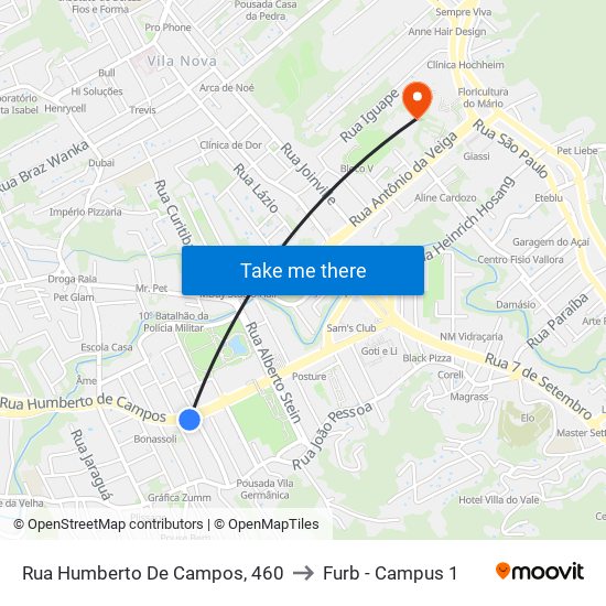 Rua Humberto De Campos, 460 to Furb - Campus 1 map