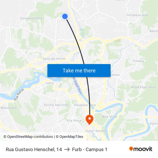 Rua Gustavo Henschel, 14 to Furb - Campus 1 map