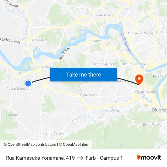 Rua Kamesuke Yonamine, 419 to Furb - Campus 1 map