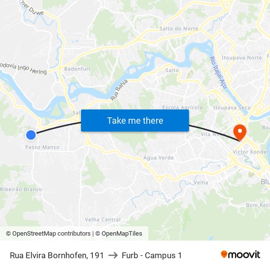 Rua Elvira Bornhofen, 191 to Furb - Campus 1 map