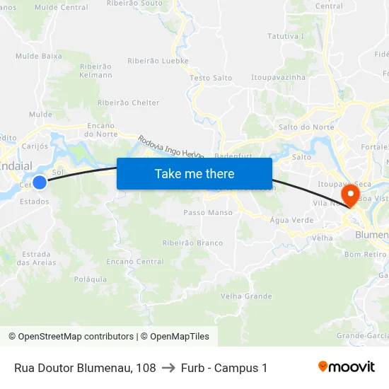 Rua Doutor Blumenau, 108 to Furb - Campus 1 map