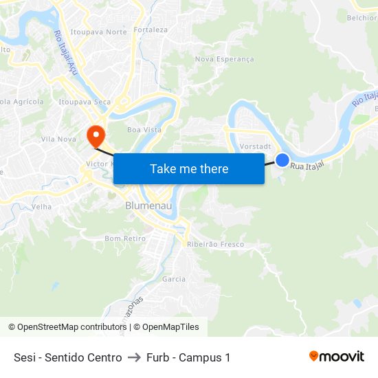 Sesi - Sentido Centro to Furb - Campus 1 map