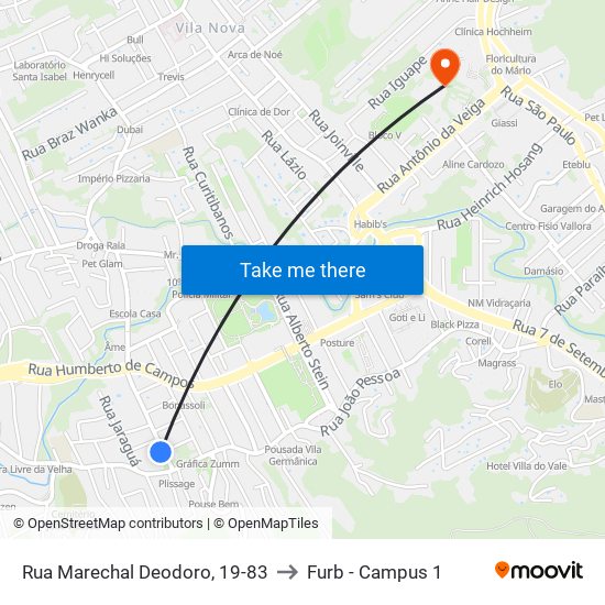 Rua Marechal Deodoro, 19-83 to Furb - Campus 1 map