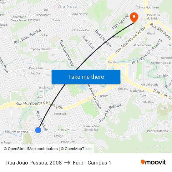 Rua João Pessoa, 2008 to Furb - Campus 1 map