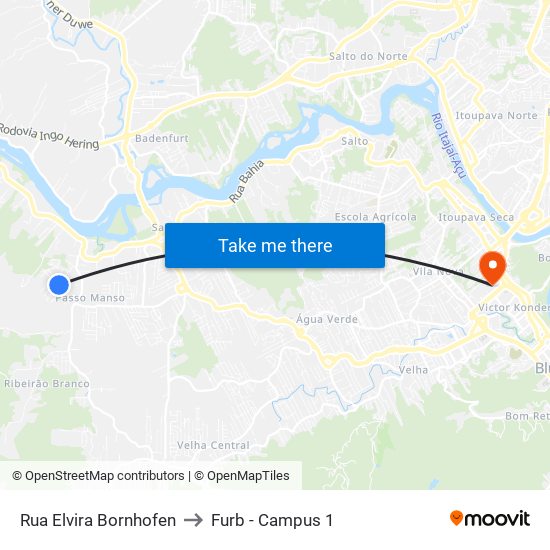 Rua Elvira Bornhofen to Furb - Campus 1 map