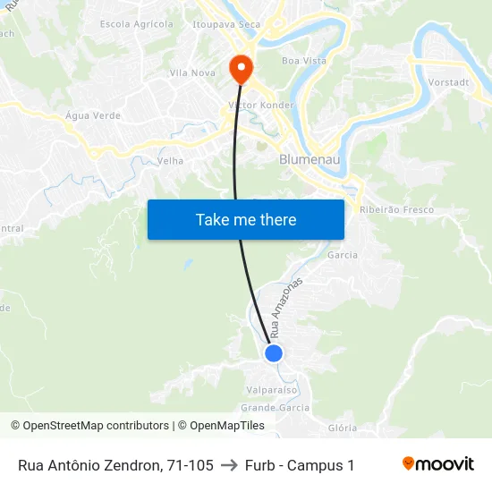 Rua Antônio Zendron, 71-105 to Furb - Campus 1 map
