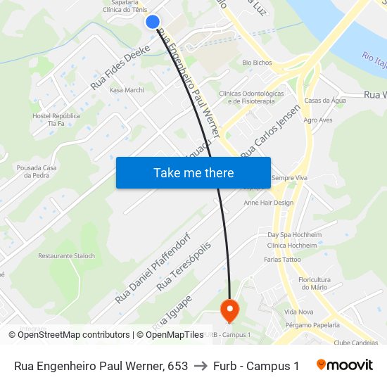 Rua Engenheiro Paul Werner, 653 to Furb - Campus 1 map