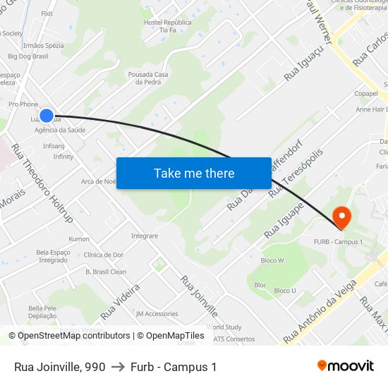 Rua Joinville, 990 to Furb - Campus 1 map