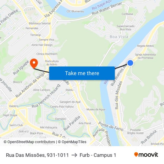 Rua Das Missões, 931-1011 to Furb - Campus 1 map