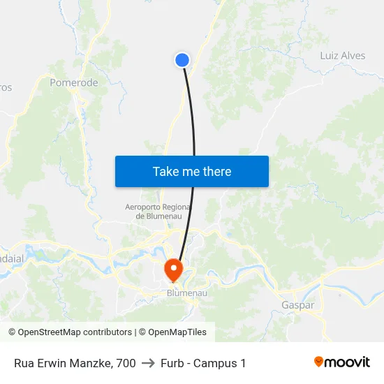 Rua Erwin Manzke, 700 to Furb - Campus 1 map