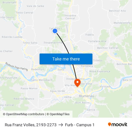 Rua Franz Volles, 2193-2273 to Furb - Campus 1 map