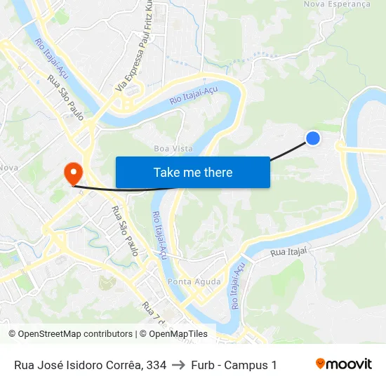Rua José Isidoro Corrêa, 334 to Furb - Campus 1 map