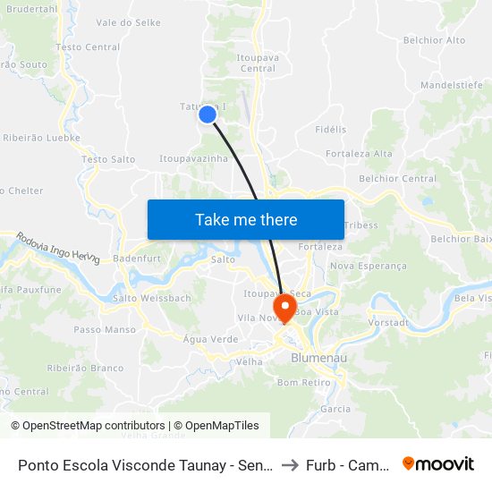 Ponto Escola Visconde Taunay - Sentido Bairro to Furb - Campus 1 map