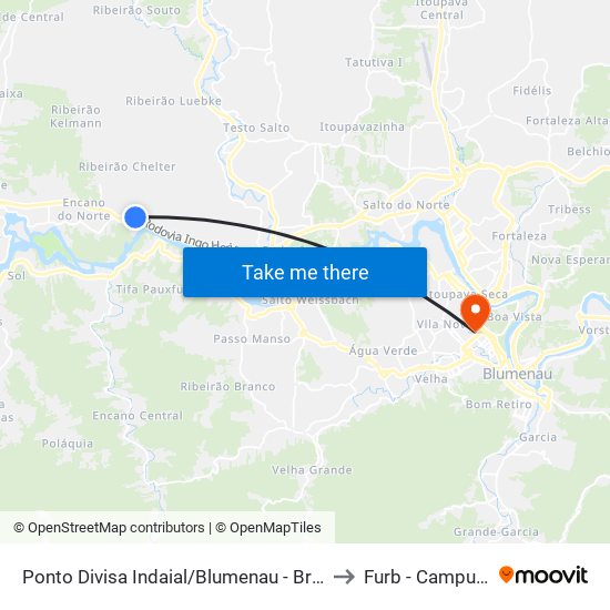 Ponto Divisa Indaial/Blumenau - Br-470 to Furb - Campus 1 map