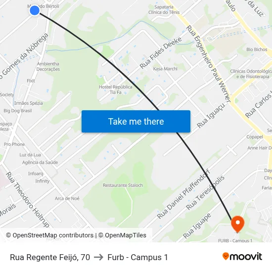 Rua Regente Feijó, 70 to Furb - Campus 1 map