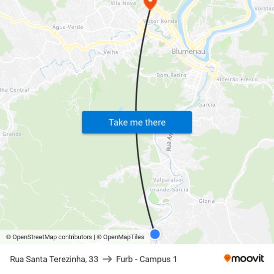 Rua Santa Terezinha, 33 to Furb - Campus 1 map