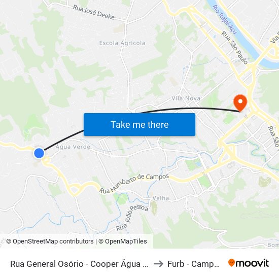 Rua General Osório - Cooper Água Verde to Furb - Campus 1 map