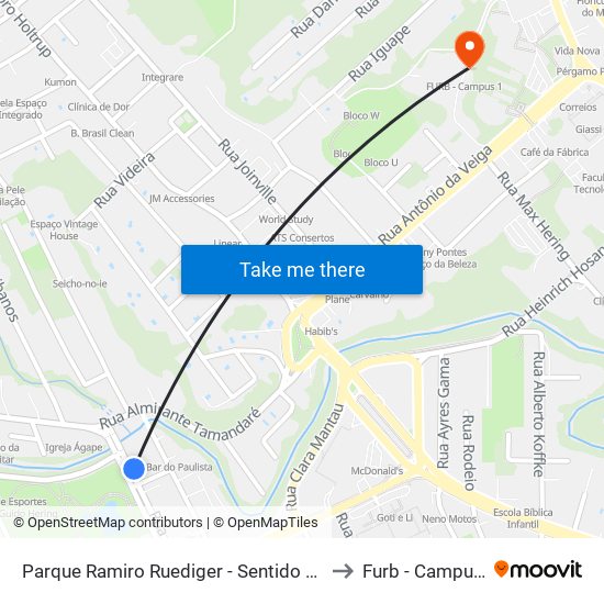 Parque Ramiro Ruediger - Sentido Bairro to Furb - Campus 1 map