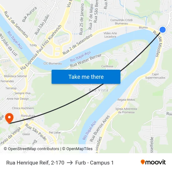 Rua Henrique Reif, 2-170 to Furb - Campus 1 map