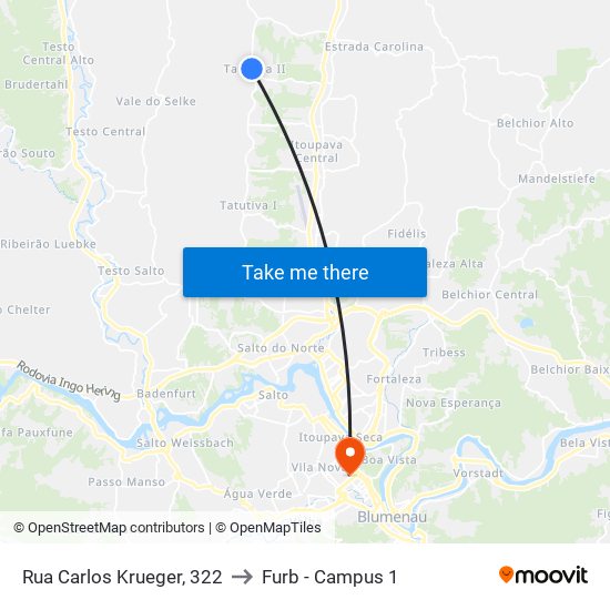 Rua Carlos Krueger, 322 to Furb - Campus 1 map