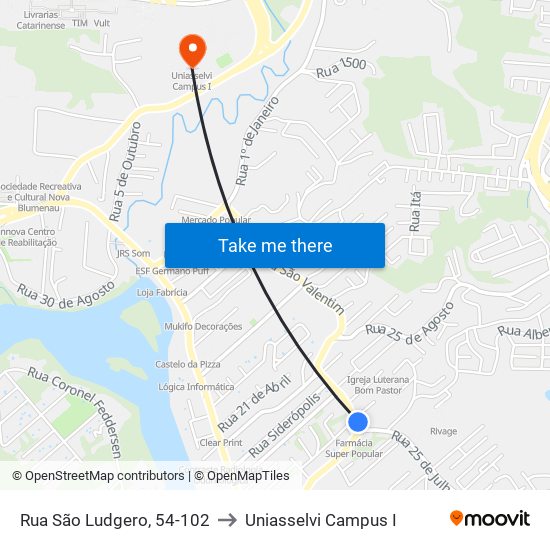 Rua São Ludgero, 54-102 to Uniasselvi Campus I map