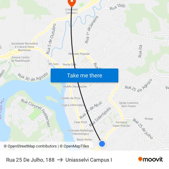 Rua 25 De Julho, 188 to Uniasselvi Campus I map