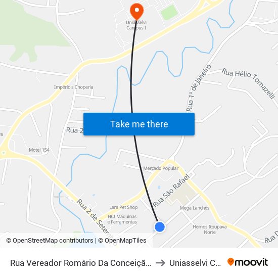 Rua Vereador Romário Da Conceição Badia, 115-215 to Uniasselvi Campus I map