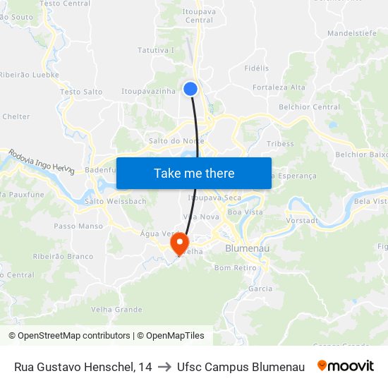 Rua Gustavo Henschel, 14 to Ufsc Campus Blumenau map