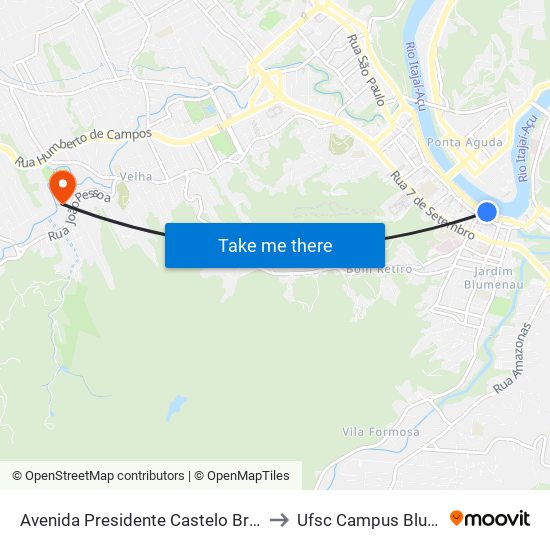 Avenida Presidente Castelo Branco, 504 to Ufsc Campus Blumenau map