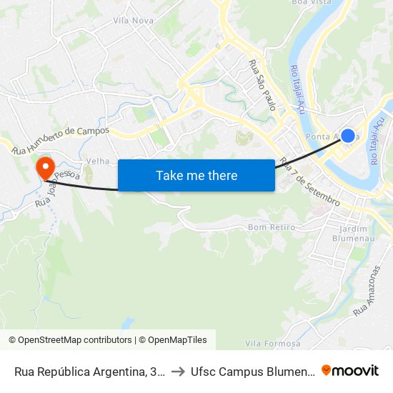 Rua República Argentina, 301 to Ufsc Campus Blumenau map