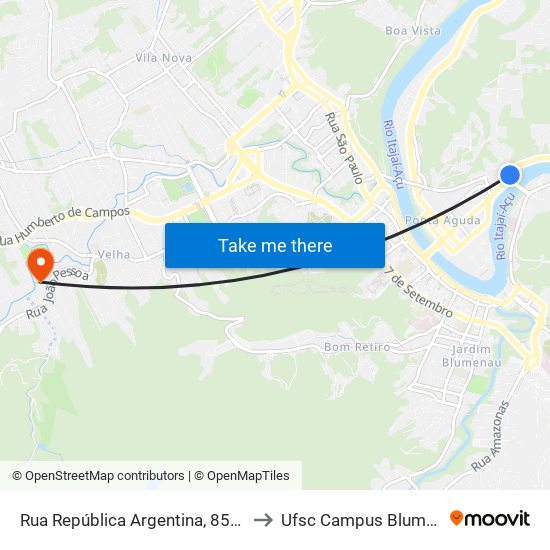 Rua República Argentina, 851-899 to Ufsc Campus Blumenau map