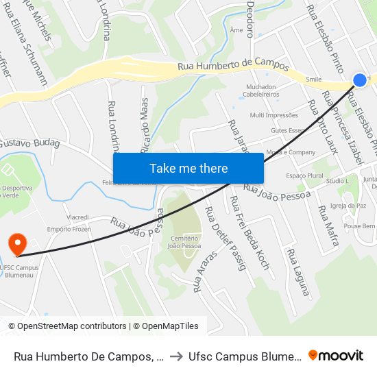 Rua Humberto De Campos, 353 to Ufsc Campus Blumenau map