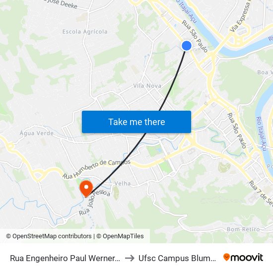 Rua Engenheiro Paul Werner, 653 to Ufsc Campus Blumenau map