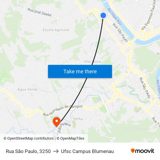 Rua São Paulo, 3250 to Ufsc Campus Blumenau map