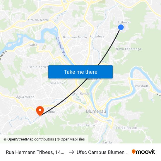 Rua Hermann Tribess, 1432 to Ufsc Campus Blumenau map