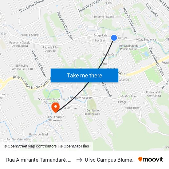 Rua Almirante Tamandaré, 1724 to Ufsc Campus Blumenau map