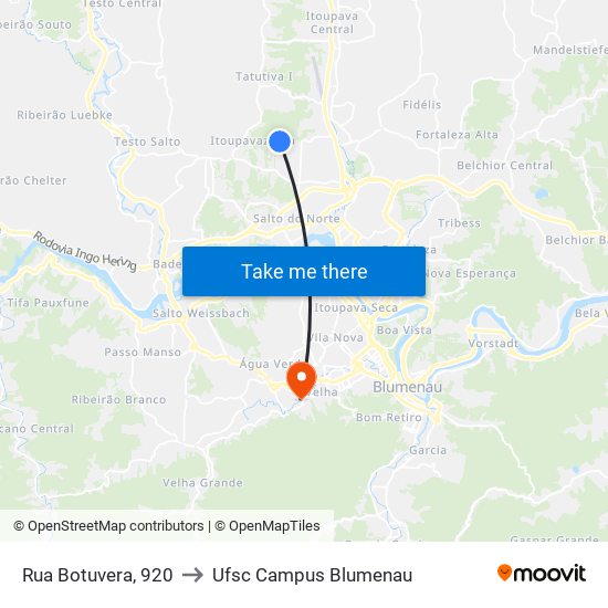 Rua Botuvera, 920 to Ufsc Campus Blumenau map